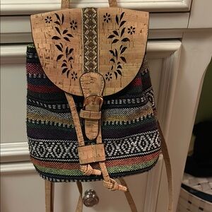 Tan Ethnic Patterned Backpack with Floral Flap